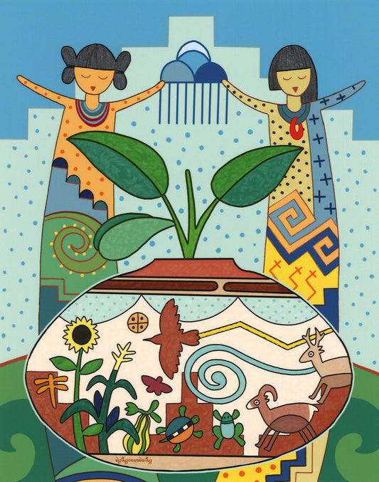 "Listen to the animals, plants, water, and land. Gather the sounds of the Earth and remember we are all connected and depend on each other to successfully make our journey in this life." White matted print measures 11 x 14 inches&nbsp; Image measures 9.5 x 7.5 inches Information about the artist and Hopi culture included
