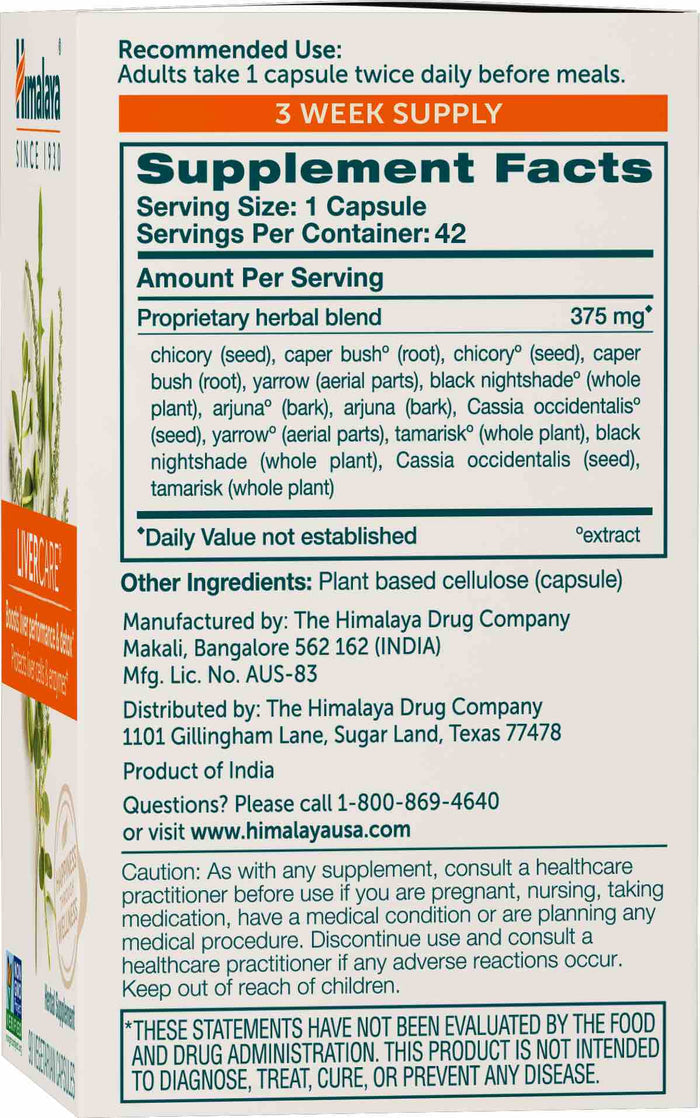 A supplement box image of LiverCare by Himalaya shows directions, supplement facts, and a proprietary herbal blend with Ayurvedic herbs such as chicory, fennel, and cassia to support bile production. Manufacturer details and cautionary notes are at the bottom.