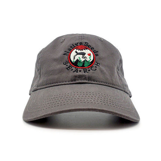 native seeds search logo baseball cap. 100% cotton with embroidered logo. grey color with logo front-and-center. comfy, breathable