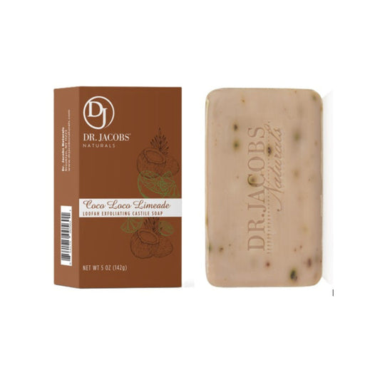 Dr. Jacobs Naturals Loofah Exfoliating Bar Soap in Coco Loco Limeade scent features a coconut oil-infused, light-colored soap bar with exfoliating flecks and comes in a brown box adorned with coconut and lime images.