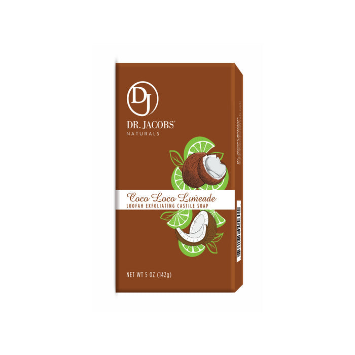 Dr. Jacobs Naturals Loofah Exfoliating Bar Soap, enriched with Coconut Oil and Organic Shea Butter, comes in a brown box with vibrant coconut and lime illustrations. It weighs 5 oz (142g).