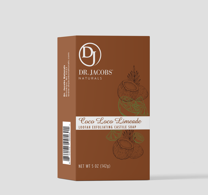Brown rectangular packaging of Dr. Jacobs Naturals Loofah Exfoliating Bar Soap, 5 oz (142g), features coconut and lime illustrations. Its enriched with Coconut Oil for moisturization, with brand details printed in white.
