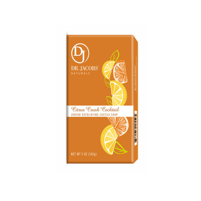 The image shows a vibrant box of Loofah Exfoliating Bar Soap by Dr Jacobs Naturals. The orange packaging, enriched with organic shea butter, features citrus slice illustrations and prominently reads Citrus Crush Cocktail, NET WT 5 OZ (142g) on the front.