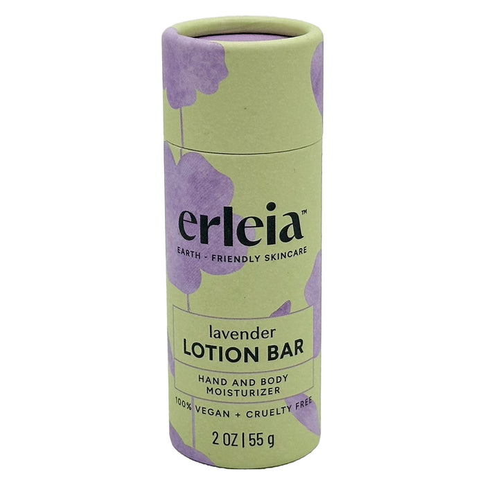 The Erleia Lotion Bar, a 2 oz (55 g) hand and body moisturizer, comes in a cylindrical container with floral designs. It is vegan, cruelty-free, and packaged without plastic.