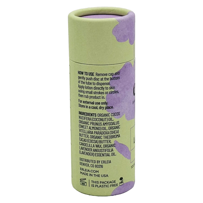 The Erleia Lotion Bar comes in an elegant cylindrical container with a floral purple and green design. Inside, enjoy a luxurious blend of coconut oil, almond oil, vanilla bean oil, and lavender essential oil. Its all wrapped up in plastic-free packaging.