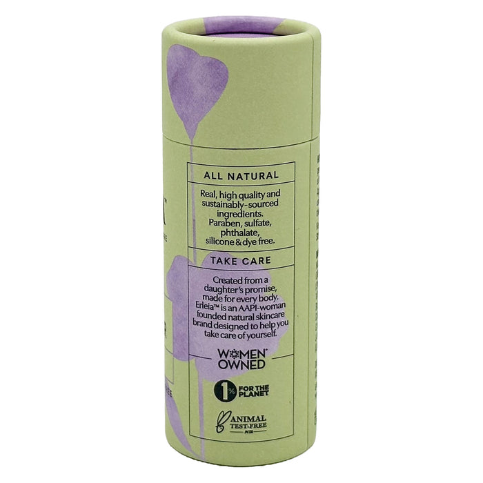 Erleias Lotion Bar, a woman-owned and animal test-free product, features sustainable ingredients and plastic-free packaging in a cylindrical container with a beige background and purple heart designs. It is highlighted as an all-natural hand and body moisturizer.