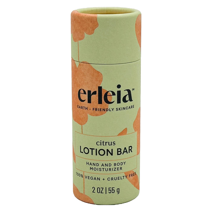The Erleia Lotion Bar is a 2 oz (55 g) vegan and cruelty-free hand and body moisturizer in a light green cylindrical container with orange floral patterns, featuring earth-friendly, plastic-free packaging.