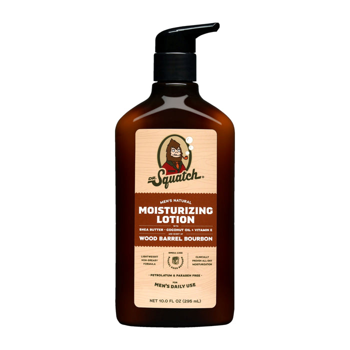 A brown bottle with a black pump labeled Dr. Squatch Lotion, Wood Barrel Bourbon contains natural moisturizers like shea butter, coconut oil, and vitamin E for mens daily use. Includes 10 fl oz (296 mL).