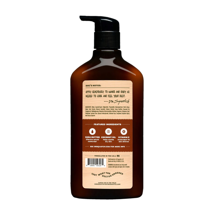 A large brown Dr. Squatch mens lotion bottle with a black pump dispenser features a label providing instructions and highlights natural moisturizers like shea butter, coconut oil, and vitamin E for hydrating skincare, with a barcode at the bottom.