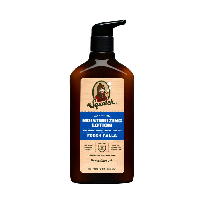 A dark brown bottle features a black pump dispenser labeled Dr. Squatch Lotion, Fresh Falls. Enriched with natural moisturizers like shea butter, coconut oil, and vitamin E, it hydrates skin for daily use. The bottle size is 10 fl oz (295 ml).