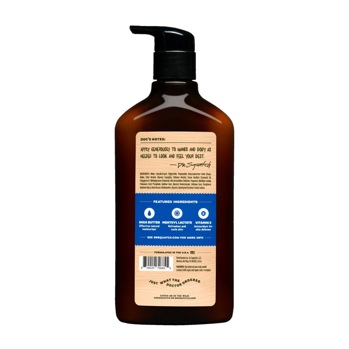 A brown Dr. Squatch lotion bottle with a black pump features shea butter, menthol lactate, and vitamin E. The back label highlights natural moisturizers and ends with Wash your wits, the orderlies are coming. Its ideal as mens hydrating skincare solution.