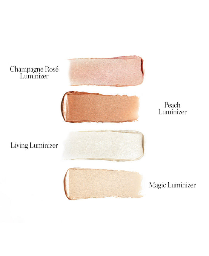 RMS Beauty’s Champagne Rosé Luminizer features four cream highlighter swatches—pink, peachy-orange, pearly white, and light champagne—each labeled on a white background for a radiant glow.