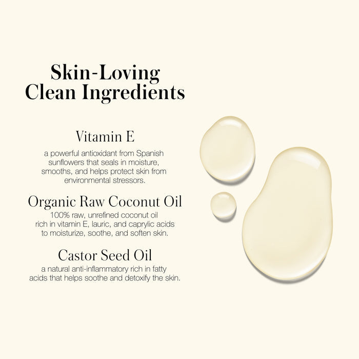 RMS Beauty’s Luminizer highlights skin-loving clean ingredients—Vitamin E for protection, Organic Raw Coconut Oil for nourishment, and Castor Seed Oil for hydration. Three oil drops on a cream background evoke a natural dewy glow.