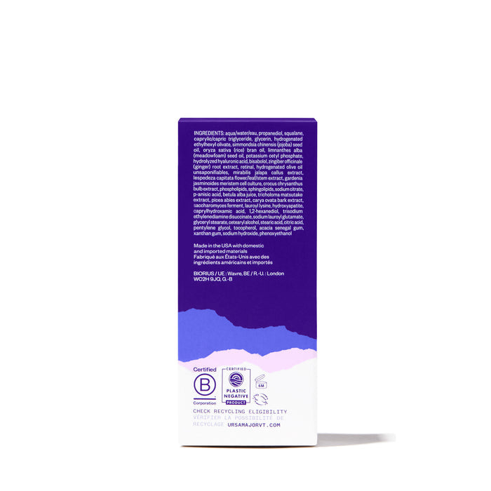 The Lunar Bloom Retinal Serum by Ursa Major comes in a purple box with white and lavender accents, listing ingredients, certifications, recycling info, sustainability logos, and benefits like improved skin texture and fewer fine lines.
