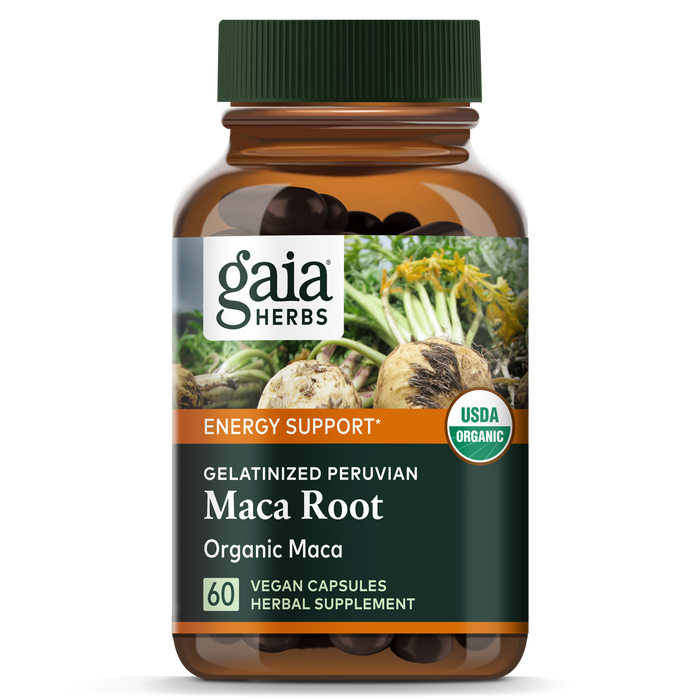 Gaia Herbs Maca Root - For Energy Support includes 60 vegan capsules, featuring Gelatinized Peruvian Organic Maca and USDA Organic logos, ideal for boosting energy and vitality. The packaging highlights maca roots and leaves in the background.