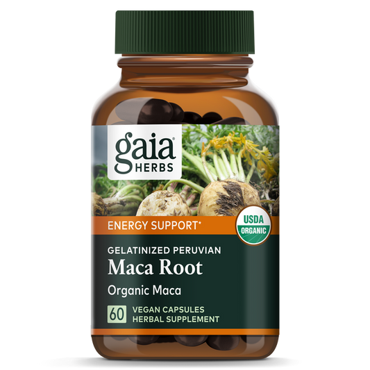 Gaia Herbs Maca Root - For Energy Support includes 60 vegan capsules, featuring Gelatinized Peruvian Organic Maca and USDA Organic logos, ideal for boosting energy and vitality. The packaging highlights maca roots and leaves in the background.
