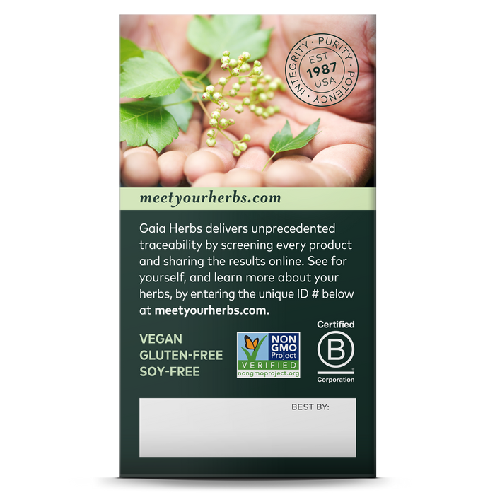 The Gaia Herbs Maca Root package displays a label with hands gently holding the herbs, highlighting energy and vitality support. It details the traceability, vegan, gluten-free, and soy-free qualities. Certifications include Non-GMO Project Verified and B Corporation, with a clear best-by date.