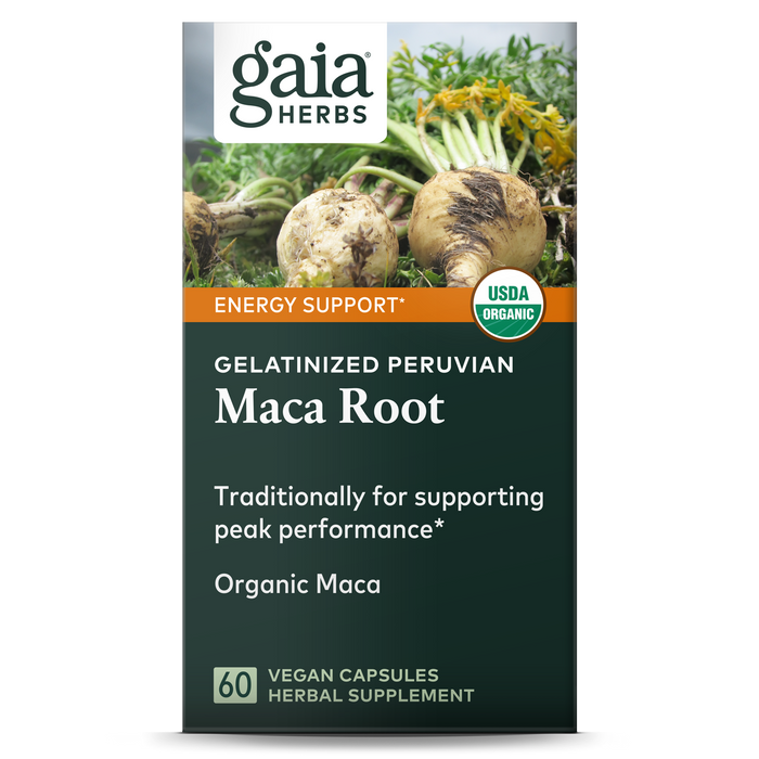 Image of a Gaia Herbs Maca Root - For Energy Support bottle featuring Energy and Vitality for peak performance enhancement, with maca roots depicted. The label prominently displays USDA Organic and Vegan Capsules.