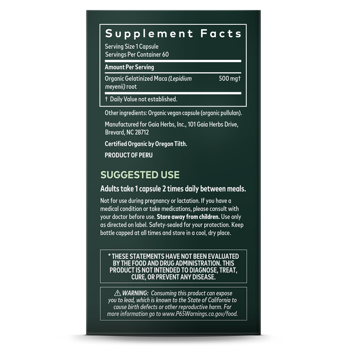 The Gaia Herbs Maca Root – For Energy Support capsules, made in Peru, contain 500 mg of Organic Gelatinized Maca Root (Lepidium meyenii) known for boosting energy and vitality. Suggested use: take one capsule twice daily. Certified organic product.