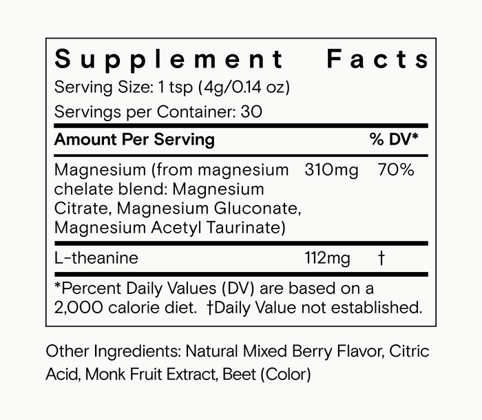 Here’s the rewritten sentence using your product data: The supplement facts label for Moon Juice Magnesi-Om - Berry Calm + L-Theanine for Relaxation & Sleep lists a serving size of 1 tsp, with 30 servings per container. Each serving provides magnesium (310mg, 70% DV) and L-theanine (112mg), plus other ingredients such as natural mixed berry flavor, citric acid, monk fruit, and beet color. This magnesium supplement is carefully formulated to support relaxation and restful sleep.