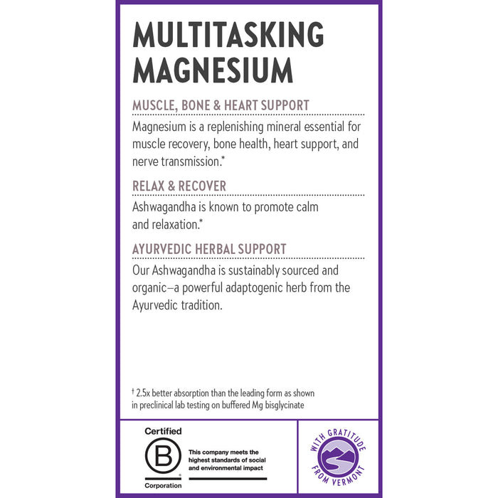 New Chapter Magnesium + Ashwagandha combines TRAACS Magnesium bisglycinate for muscle, bone, heart, and relaxation support with Ayurvedic Ashwagandha for enhanced absorption. Certified formula with visible certification logos.