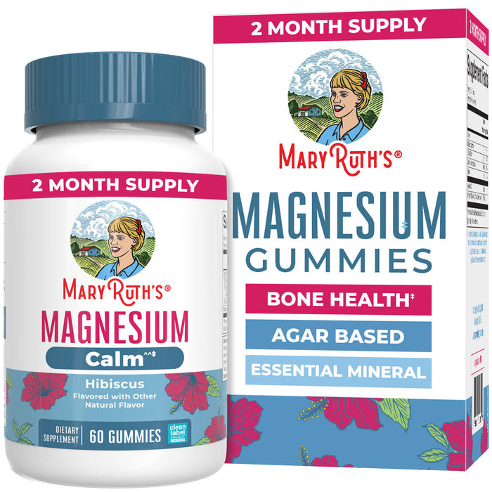 A bottle and box of MaryRuth’s Magnesium Calm Gummies, Calm flavor, featuring “2 Month Supply,” “Bone Health,” and “Agar Based” on the packaging, with floral accents and a woman’s illustration—specially crafted Magnesium Calm Gummies by MaryRuth's designed to support bone health and promote muscle relaxation.