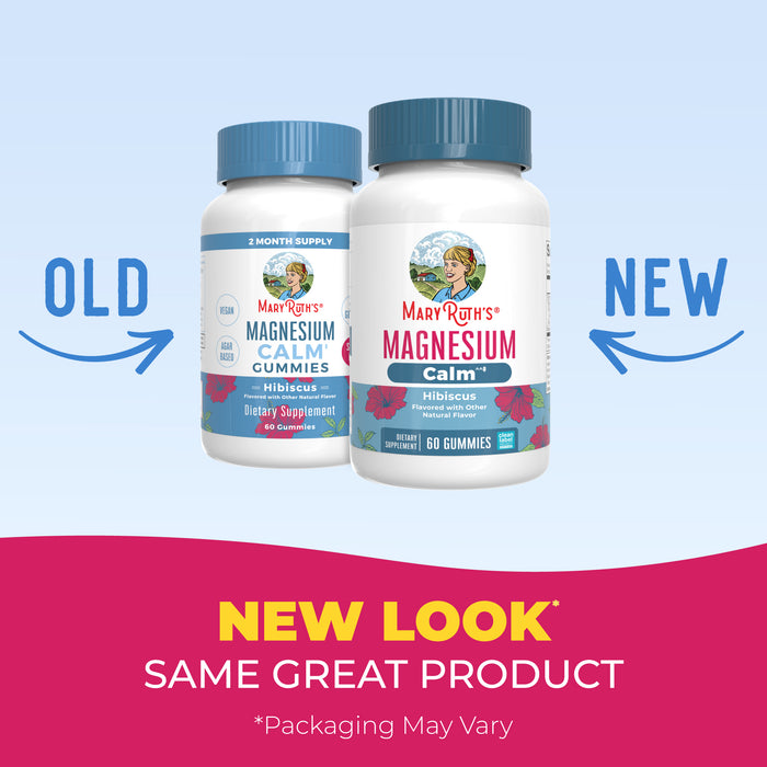 Two bottles of MaryRuth's Magnesium Calm Gummies, featuring both old and new packaging designs, are displayed on a pink and blue background with the text: “NEW LOOK SAME GREAT PRODUCT *Packaging May Vary.” These delicious Magnesium Calm Gummies from MaryRuth’s are formulated to support muscle relaxation and bone health, helping you feel your best every day.