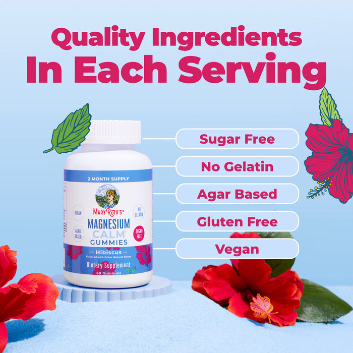 A bottle of MaryRuth's Magnesium Calm Gummies is surrounded by hibiscus flowers, with text highlighting that these gummies are sugar free, gelatin free, agar-based, gluten free, and vegan—an ideal choice for supporting bone health and muscle relaxation.