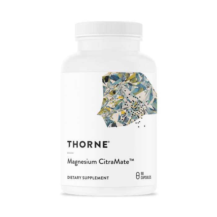 A Thorne Magnesium CitraMate supplement bottle, promoting heart health and muscle support, is shown. It features a vibrant abstract design on a white label and notes that it contains 90 capsules.