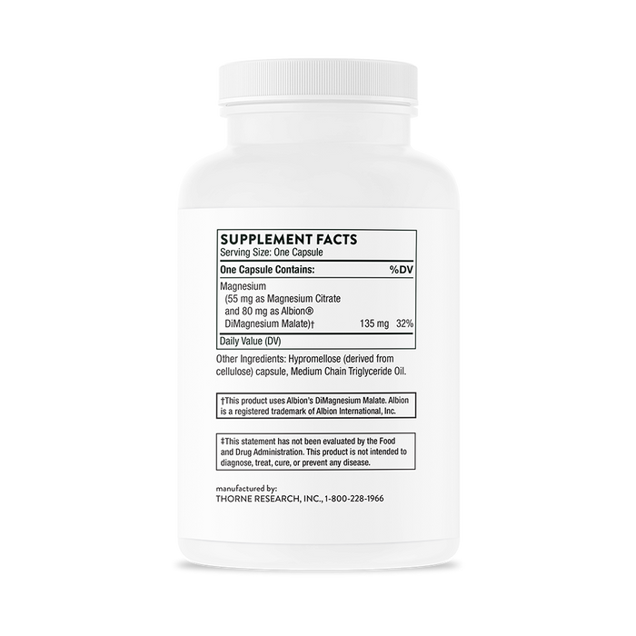 Thornes Magnesium CitraMate features a white bottle displaying supplement facts, offering 135 mg of magnesium per capsule from citrate and malate, supporting muscle and heart health at 32% daily value. Ingredients include hypromellose and MCT oil.