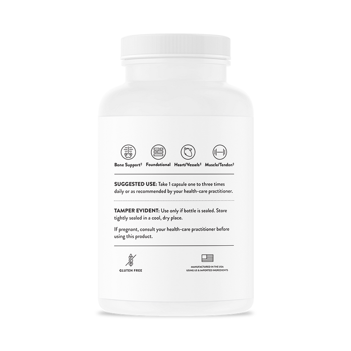 Thornes Magnesium CitraMate bottle, with a white label, includes usage instructions, tampering warnings, and gluten-free details. Icons on top emphasize bone strength, muscle support, and heart health benefits.