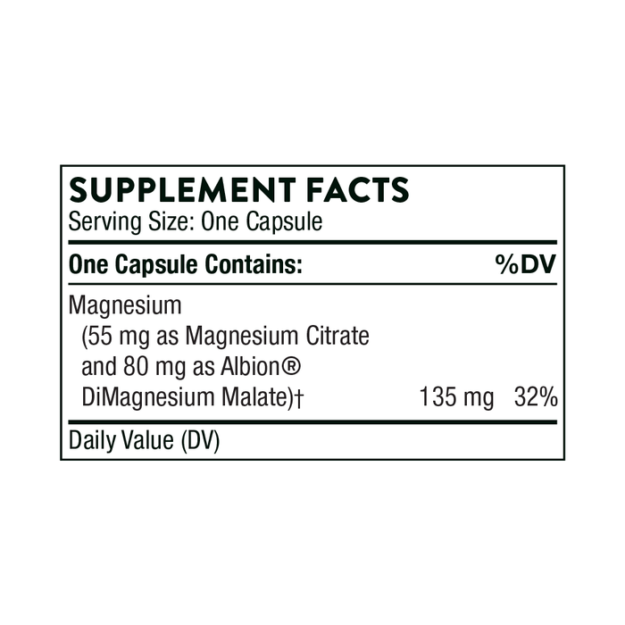 A supplement facts label for a capsule, listing magnesium content as 55 mg from magnesium citrate and 80 mg as Albion® DiMagnesium Malate, totaling 135 mg or 32% of the daily value. Serving size is one capsule.