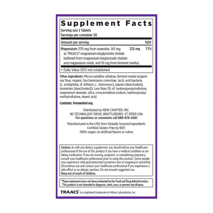 The Supplement Facts for New Chapters Magnesium Complex Supplement indicate a serving size of 2 tablets with 30 servings per container, each providing 145 mg of high-absorption magnesium bisglycinate. It also includes additional ingredients, manufacturing details, FDA disclaimer, and contact info.