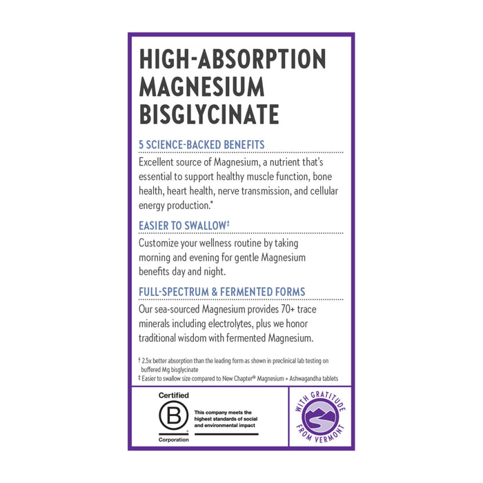 Advertisement for high-absorption magnesium bisglycinate. Highlights include five science-backed benefits, claims of easy swallowing and full-spectrum forms, and certification by B Corporation. Emphasizes natural energy production and wellness benefits.