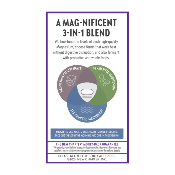 Product label for "A Mag-nificent 3-in-1 Blend" by New Chapter. Features a diagram of magnesium types: Magnesium Bisglycinate, Fermented Magnesium, Sea-Sourced Magnesium. Instructions: take 2 tablets daily. Includes a money-back guarantee and recycling info.