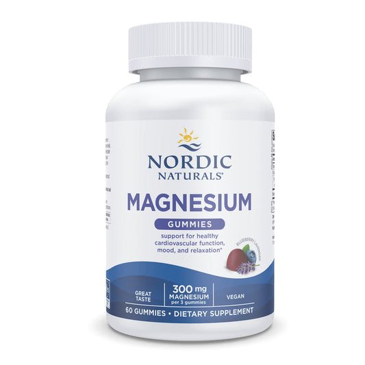Nordic Naturals Magnesium Gummies have a white and blue label emphasizing cardiovascular health, mood, muscular relaxation, and a great taste. Each vegan-friendly serving provides 300 mg of magnesium. Enjoy 60 berry-flavored gummies per bottle.