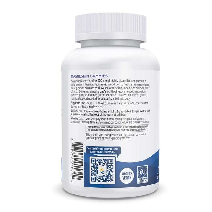 Nordic Naturals Magnesium Gummies bottle, featuring a white label and cap, displays supplement facts, usage instructions, and warnings. It supports muscle relaxation and cardiovascular health. The label includes QR codes and certification logos for vegan and non-GMO.