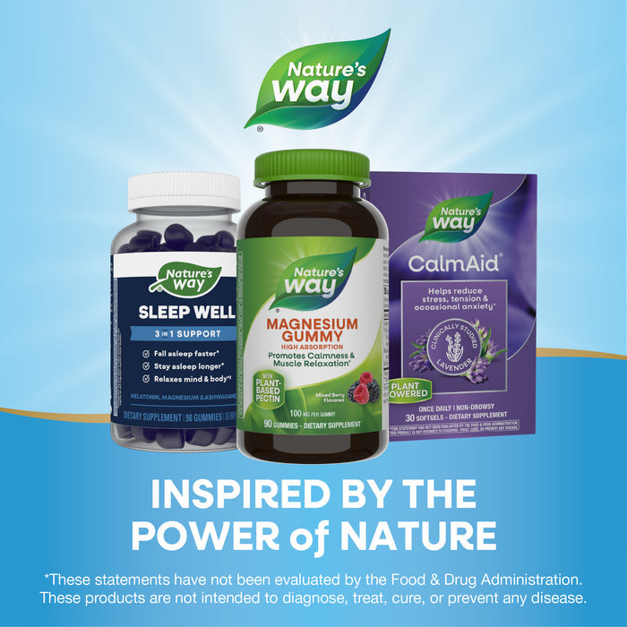Nature’s Way Magnesium Gummy is featured on a blue background with the text “INSPIRED BY THE POWER OF NATURE” and a green leaf logo above.