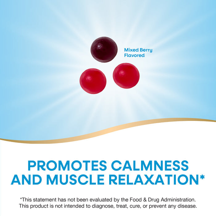 Three round, mixed berry-flavored Nature’s Way Magnesium Gummies are displayed on a blue background with a light burst. Text below states: Promotes calmness and muscle relaxation* for stress relief, with an FDA evaluation footnote.