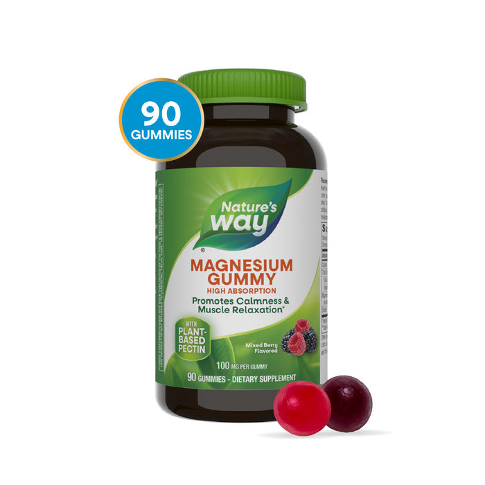 A bottle of Natures Way Magnesium Gummy with 90 mixed berry-flavored gummies promotes calmness, muscle relaxation, and stress relief. The label highlights high-absorption magnesium; two gummies and berries are shown beside the bottle.