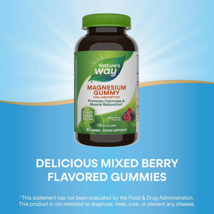 A bottle of Natures Way Magnesium Gummy in mixed berry flavor is centered on a blue background. Text highlights benefits like stress relief and muscle relaxation, with Delicious mixed berry flavored gummies below.