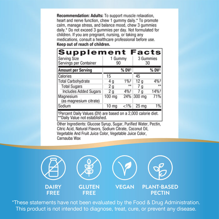 Magnesium Gummy by Natures Way: Supplement facts label shown above icons for dairy free, gluten free, vegan, plant-based pectin. Supports stress relief with high absorption magnesium. FDA disclaimer noted at the bottom.