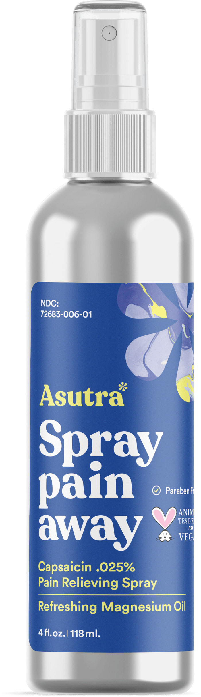 The silver Asutra Magnesium Oil Spray bottle, featuring a blue and white design, provides effective pain relief from muscle cramps. This 4 fl. oz. (118 ml) paraben-free and vegan formula includes capsaicin and magnesium oil for soothing discomfort.