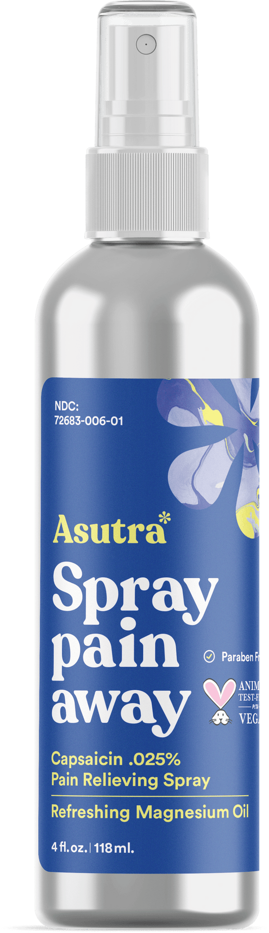 The silver Asutra Magnesium Oil Spray bottle, featuring a blue and white design, provides effective pain relief from muscle cramps. This 4 fl. oz. (118 ml) paraben-free and vegan formula includes capsaicin and magnesium oil for soothing discomfort.