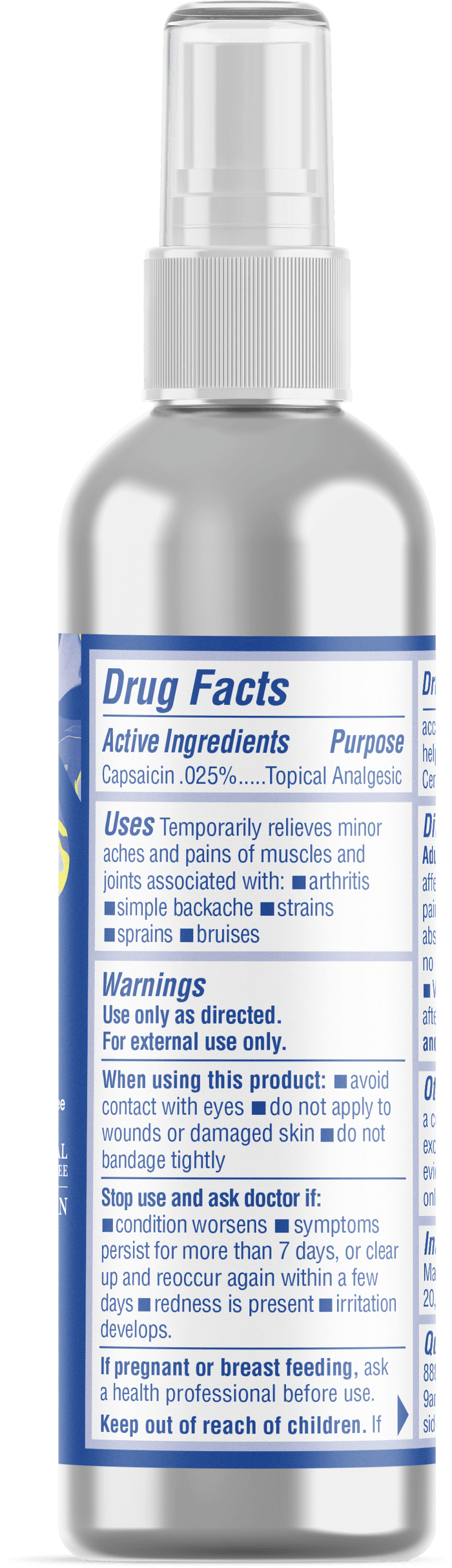 The label on Asutra Magnesium Oil Spray lists active ingredients, uses, and warnings. Designed for external use, it provides pain relief and eases muscle cramps from arthritis and sprains. The warnings advise avoiding eyes and sensitive areas.