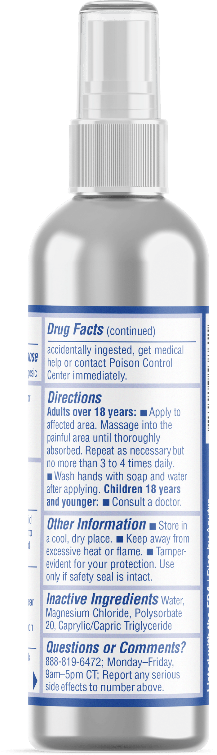 A white-labeled Asutra Magnesium Oil Spray bottle displays drug facts and usage directions, advising adults to apply for pain relief, keep away from children, and obtain medical help if ingested. The label includes ingredients and contact info.
