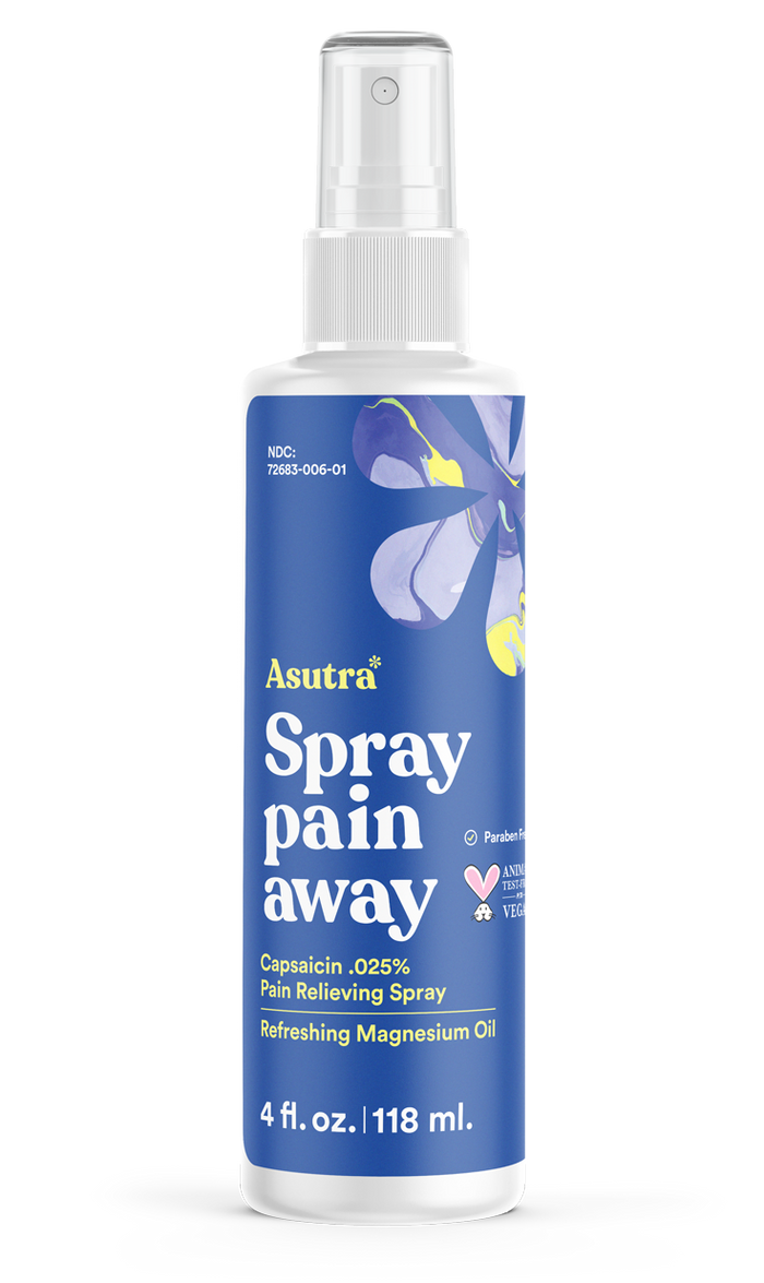 Asutras Magnesium Oil Spray in a blue 4 fl. oz. bottle features Capsaicin .025% Pain Relieving Spray and Refreshing Magnesium Oil. It offers pain relief and soothes muscle cramps, with vegan and paraben-free icons next to a flower graphic.