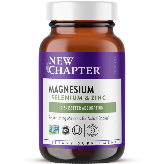 The New Chapter Magnesium + Selenium & Zinc bottle with a purple label and white cap promotes 2.5x Better Absorption for post-exercise support. Certified by NSF and gluten-free, it offers antioxidant benefits in its brown bottle packaging.