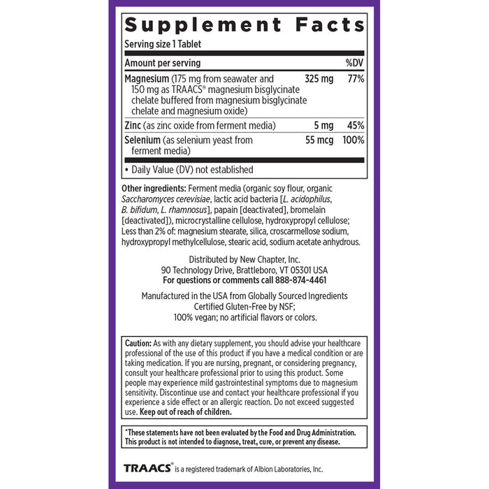 New Chapters Magnesium + Selenium & Zinc supplement facts: 375 mg magnesium, 5 mg zinc, and 55 mcg selenium for post-exercise support. Includes ingredients, caution notes, and contact info.
