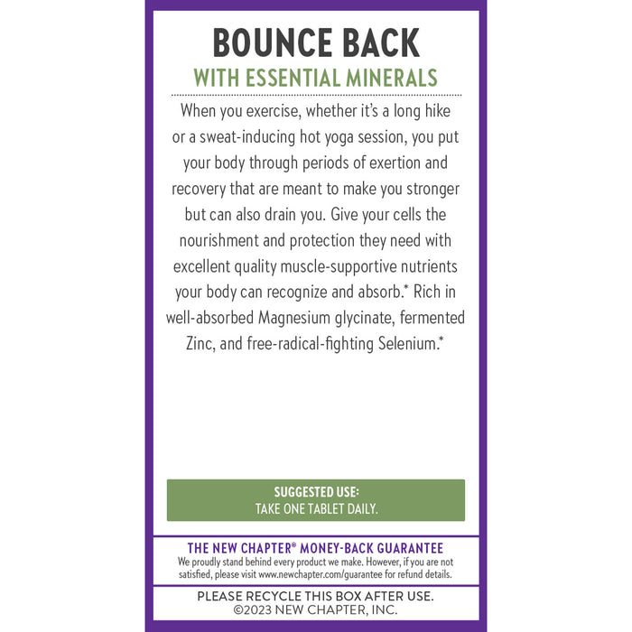 New Chapter’s “Magnesium + Selenium & Zinc” label explains how its essential minerals boost recovery and strength with a daily tablet of fermented zinc, magnesium glycinate, and selenium for antioxidant benefits. Its perfect for post-exercise support and comes in recyclable packaging.